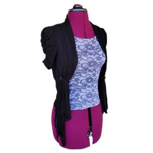 B Wear Vintage 90s Black Open Short Sleeve Draped Cardigan Attached Lace Top M